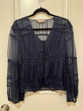 Max Azria Collection Silk Navy Sheer Blouse